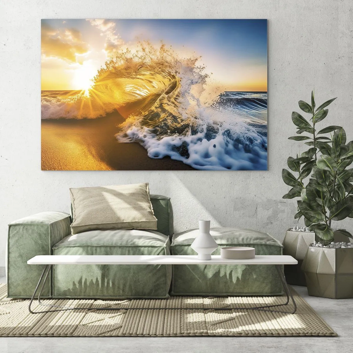 Glass picture - A wave crashing against the shore, illuminated by the rays of the setting sun - 70x50cm - Playing with Sand - Modern wall decoration for the living room and bedroom ARTTOR