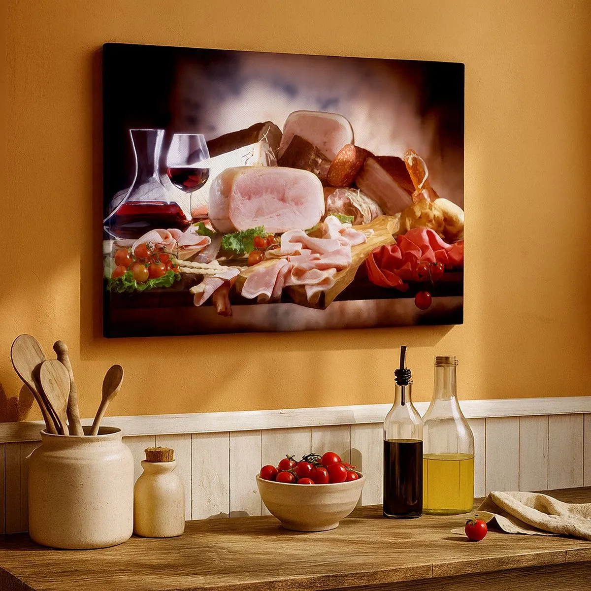 Canvas picture - Cold cuts with wine on a rustic background - 70x50cm - Culinary Dream with a Decanter - Modern wall decoration for the living room and bedroom ARTTOR