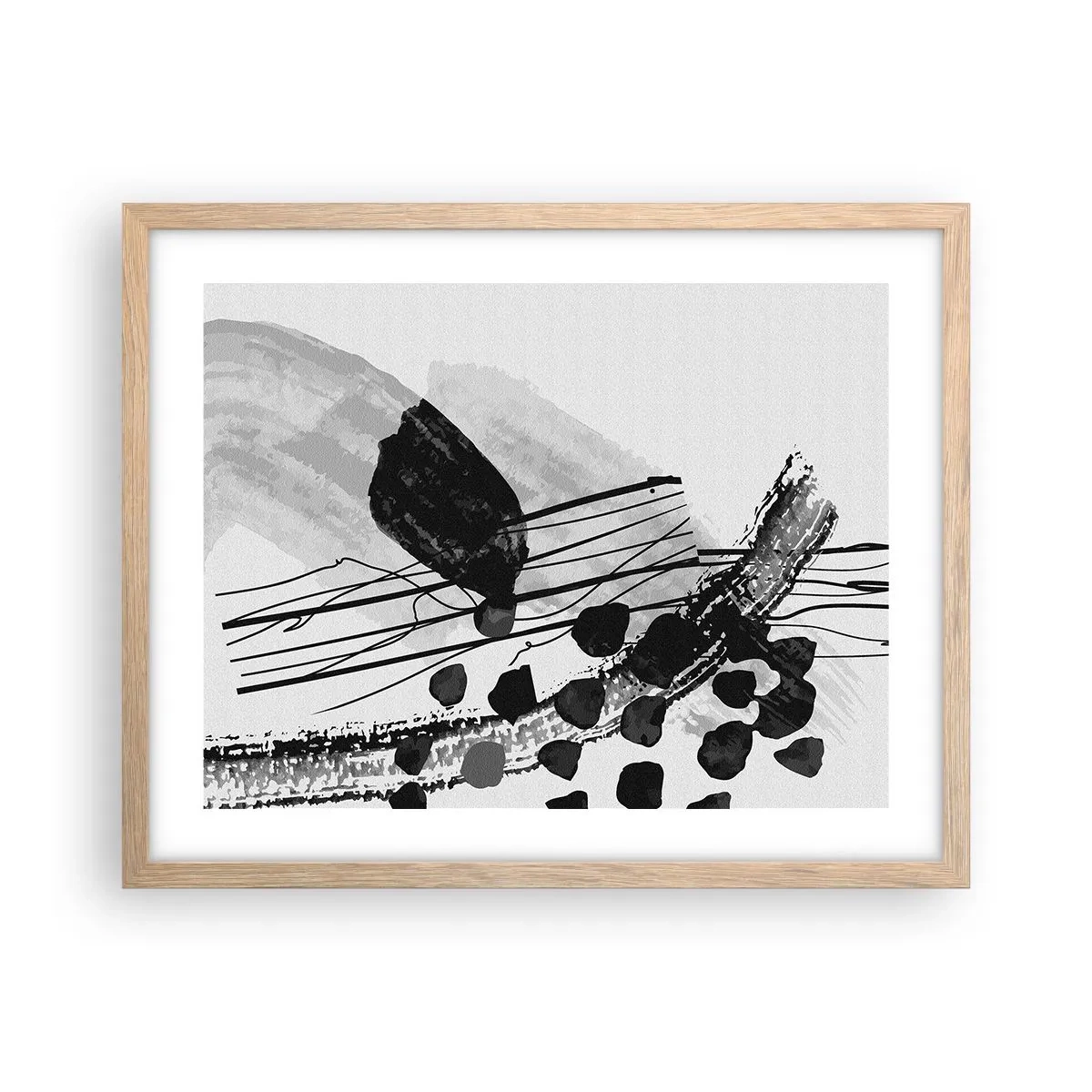Poster in light oak frame - Black and White Organic Abstraction - 50x40 cm