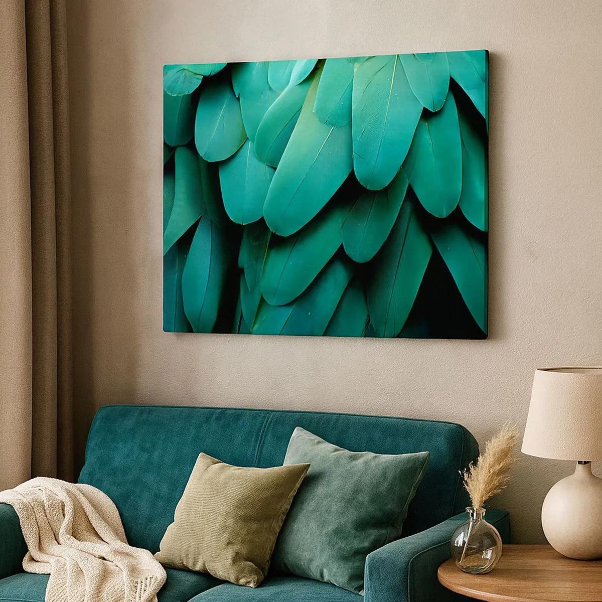 Canvas picture - Feather detail in shades of green - 70x50cm - Precision of Parrot Nature - Modern wall decoration for the living room and bedroom ARTTOR