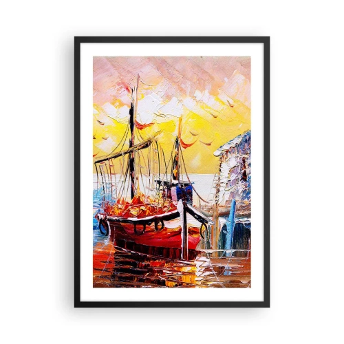 Poster in black frame - A picturesque ship against the backdrop of the setting sun - 50x70cm - Happy Comeback - Modern wall decoration for the living room and bedroom ARTTOR
