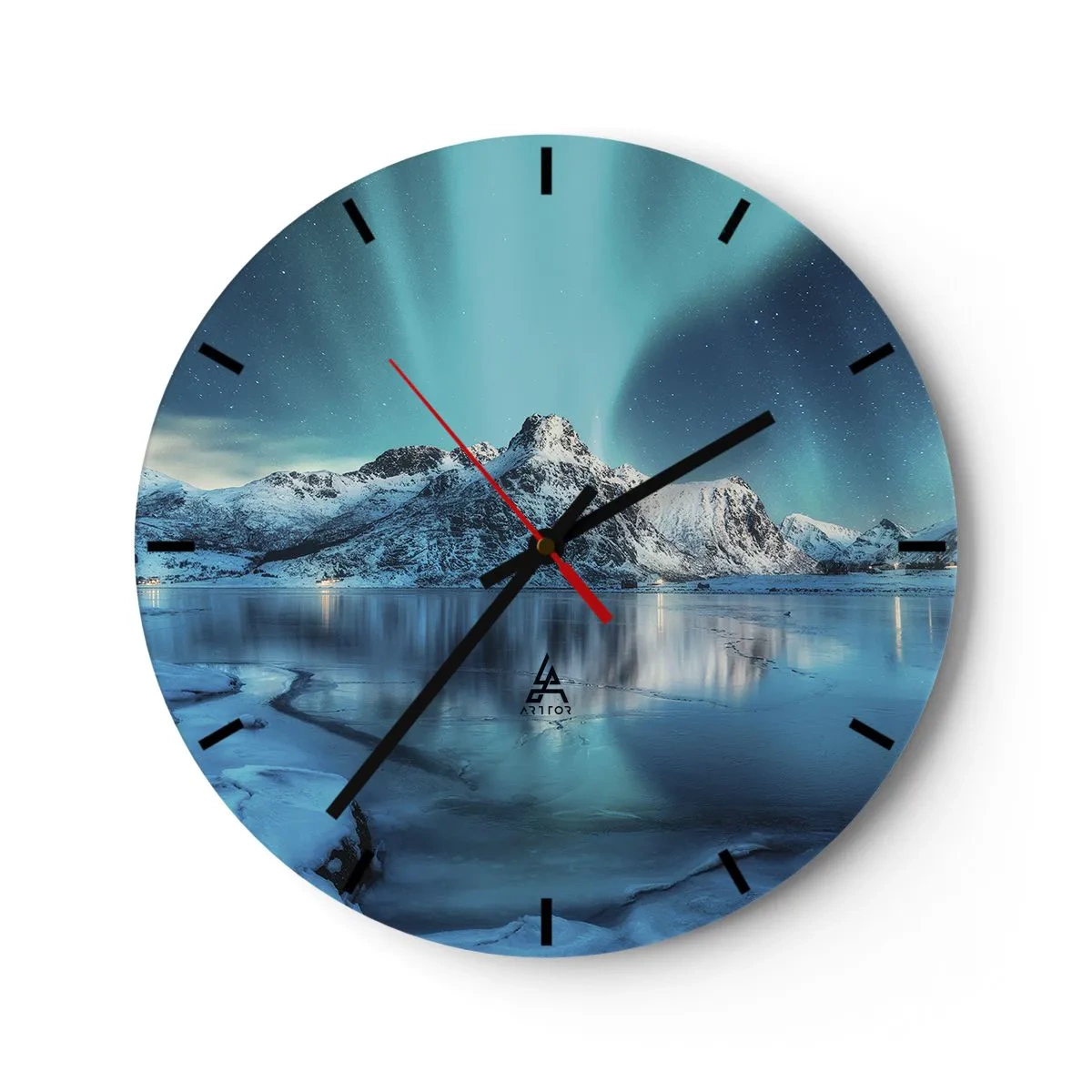 Wall clock - Clock on glass - Aurora Borealis over snow-capped mountains and a frozen lake - 30x30cm - The Night of Light - Modern wall decoration for the living room, kitchen, and bedroom ARTTOR