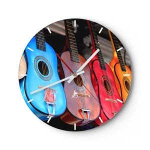 Wall clock - Clock on glass - Colorful guitars in different shades on a dark background - 30x30cm - Latino Style - Modern wall decoration for the living room, kitchen, and bedroom ARTTOR