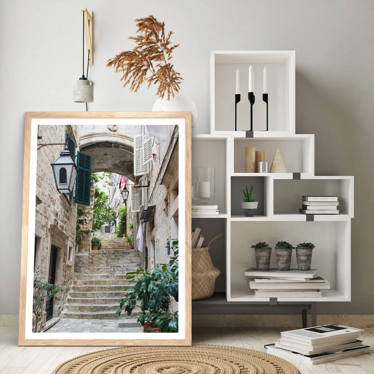 Poster in light oak frame - Charming Alley - 70x100 cm