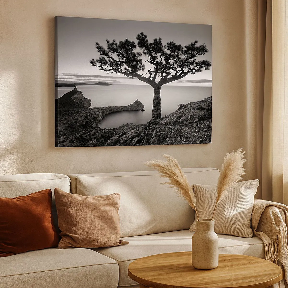Canvas picture - Black and white landscape with a lonely tree on a cliff above the sea - 70x50cm - Quiet All Around - Modern wall decoration for the living room and bedroom ARTTOR