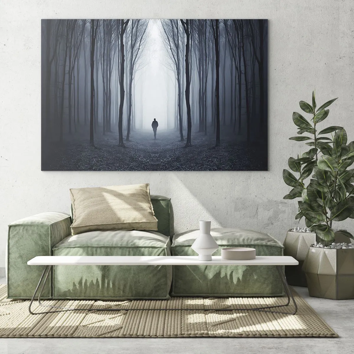 Glass picture - A figure in a dark forest with fog in the background - 70x50cm - And Everything is Straight and Bright - Modern wall decoration for the living room and bedroom ARTTOR