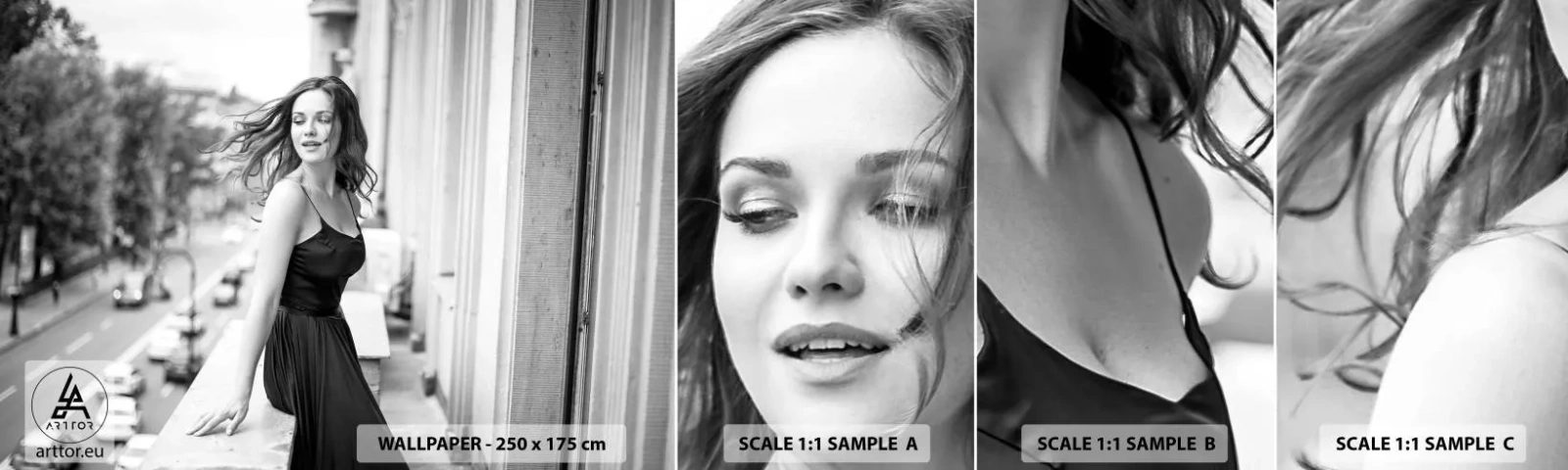 Photo Wallpaper Sample Self-Adhesive Deluxe Sticker - Certainly a Parisian - Woman, City, Architecture - 100x30 cm