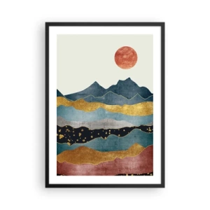 Poster in black frame - Abstract mountains in shades of gold, blue, and red - 50x70cm - Cross Section of the World - Modern wall decoration for the living room and bedroom ARTTOR