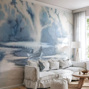 Photo Wallpaper Standard Eco - Watercolor scene of fishermen on a calm lake - 100x70cm - Fishermen in Their Paradise - Modern wall decoration for the living room and bedroom ARTTOR