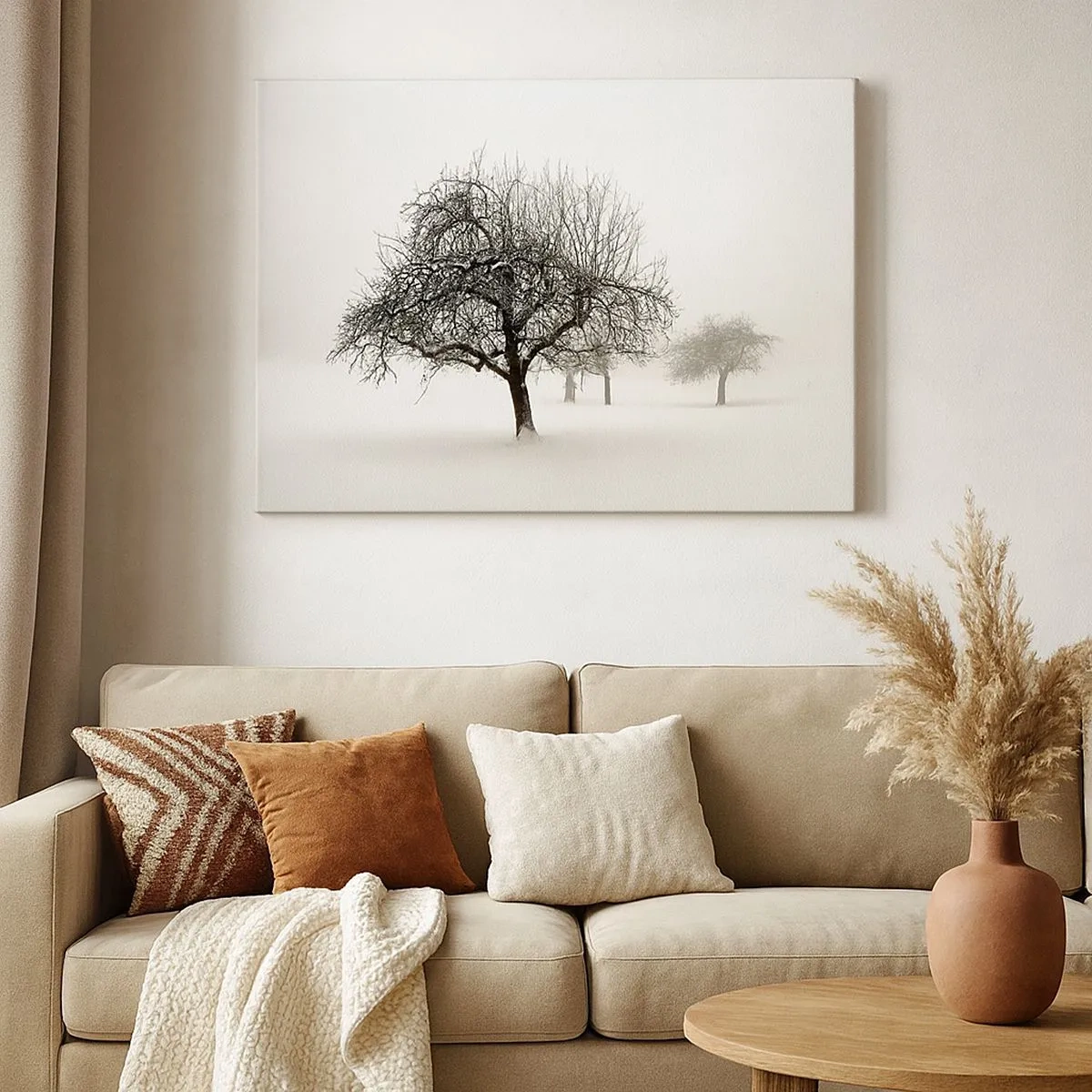 Canvas picture - Trees in a snow-covered field surrounded by fog - 70x50cm - Winter Dream - Modern wall decoration for the living room and bedroom ARTTOR