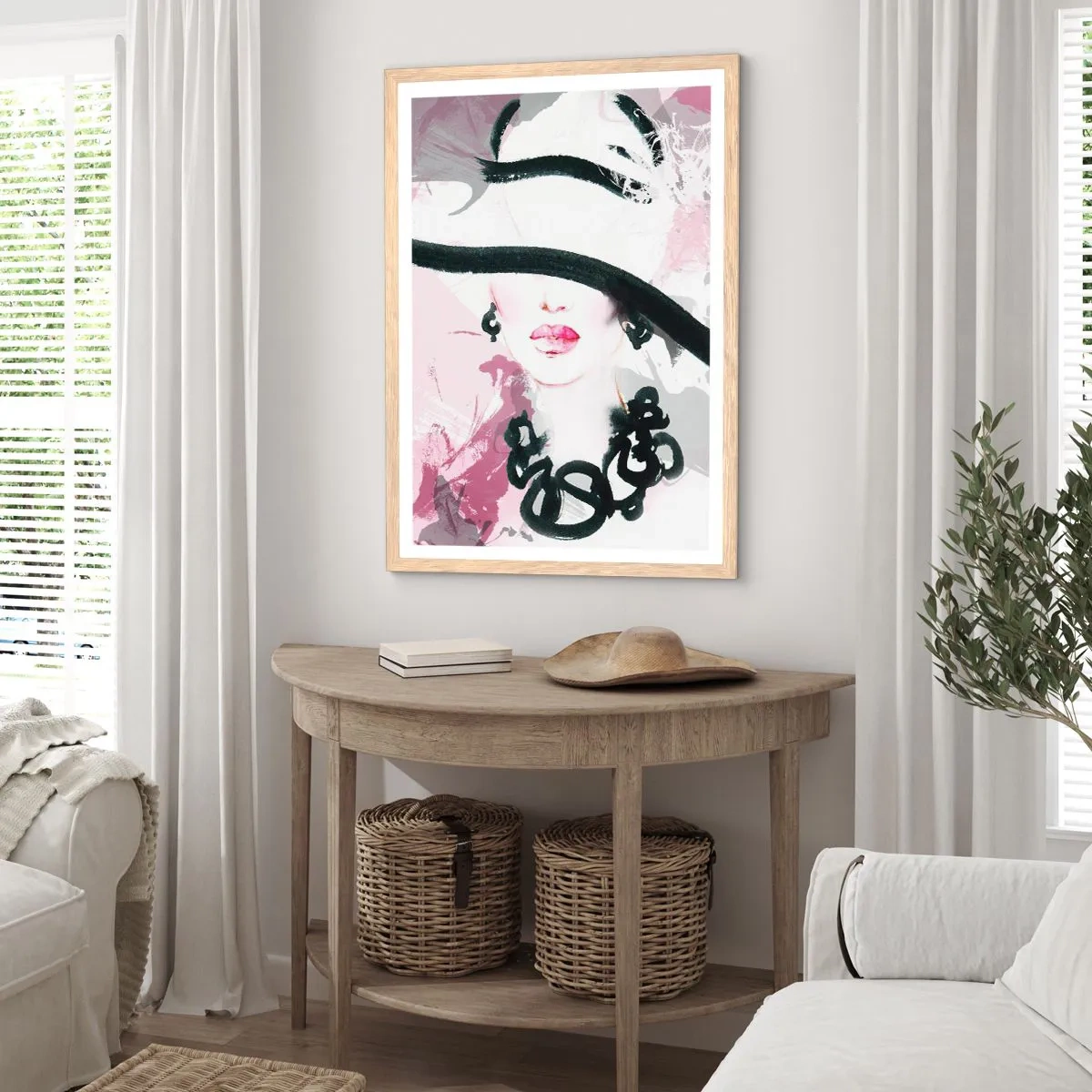 Poster in light oak frame - Portrait of a Lady in Black and Pink - 61x91 cm