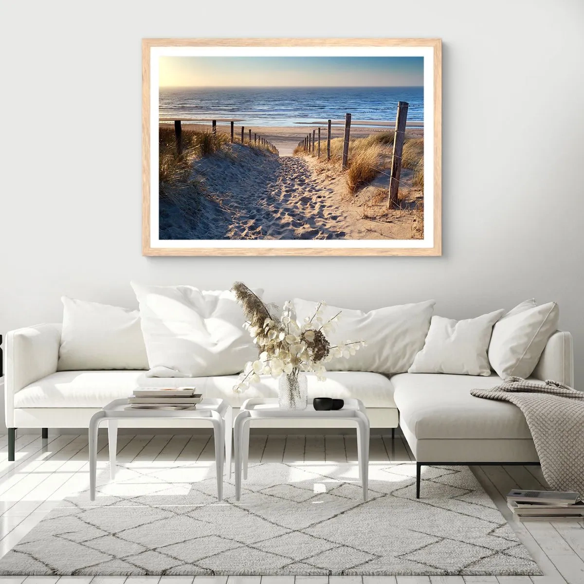 Poster in light oak frame - Sound of the Sea, Singing of the Birds, Wild Beach among Grass - 70x50 cm