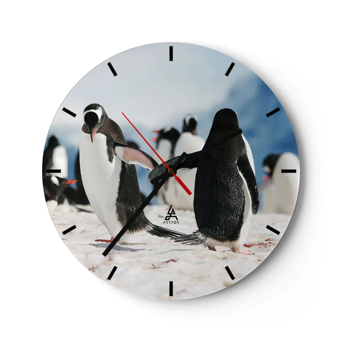 Wall clock - Clock on glass - Penguins in the snow in an Arctic landscape - 30x30cm - Dance in the Snow - Modern wall decoration for the living room, kitchen, and bedroom ARTTOR