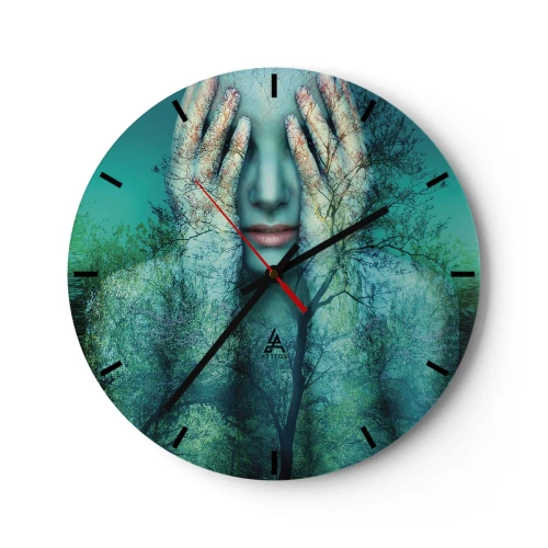 Wall clock - Clock on glass - A woman's face in a forest with trees and a green background. - 30x30cm - Submerged in Blue - Modern wall decoration for the living room, kitchen, and bedroom ARTTOR