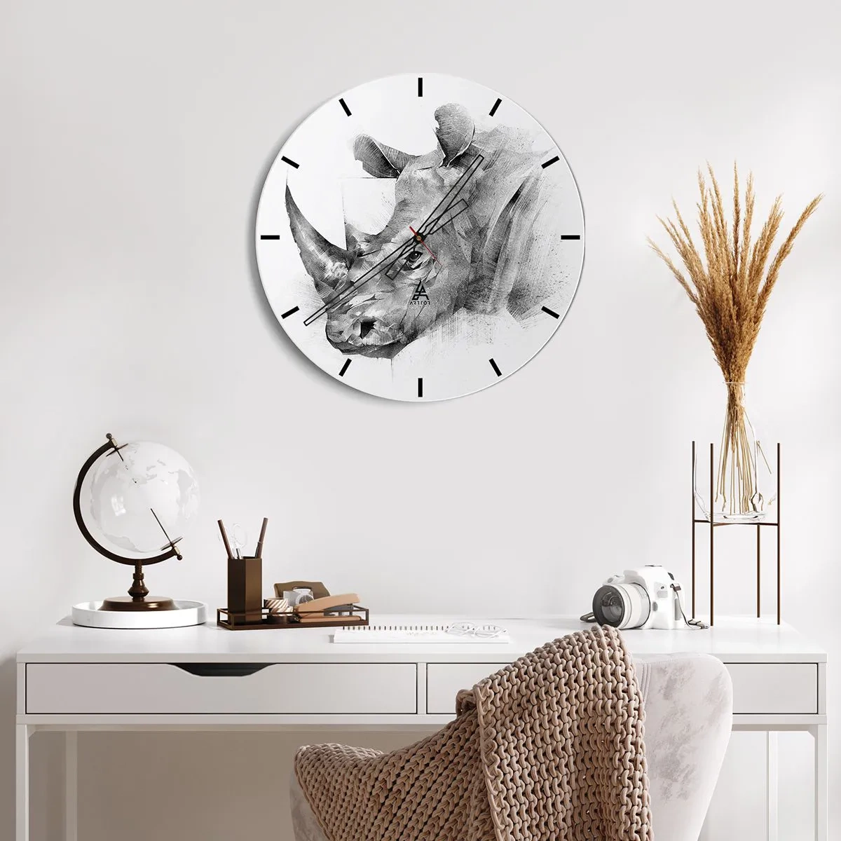Wall clock - Clock on glass - Sketch style portrait of a rhinoceros - 30x30cm - African Portrait - Modern wall decoration for the living room, kitchen, and bedroom ARTTOR