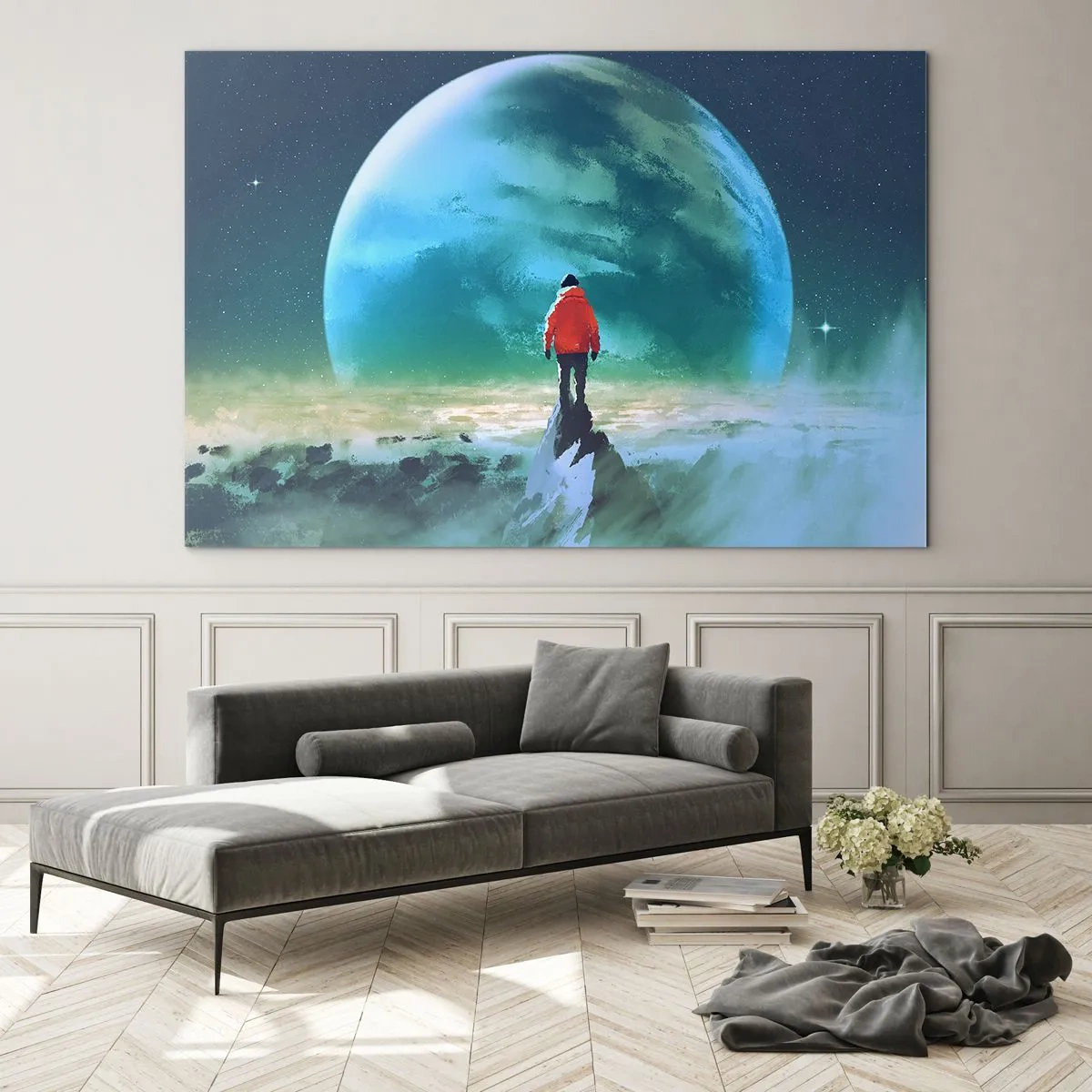 Glass picture - A figure in a red jacket against the backdrop of a huge planet and stars - 70x50cm - Discoverer of a New Land - Modern wall decoration for the living room and bedroom ARTTOR