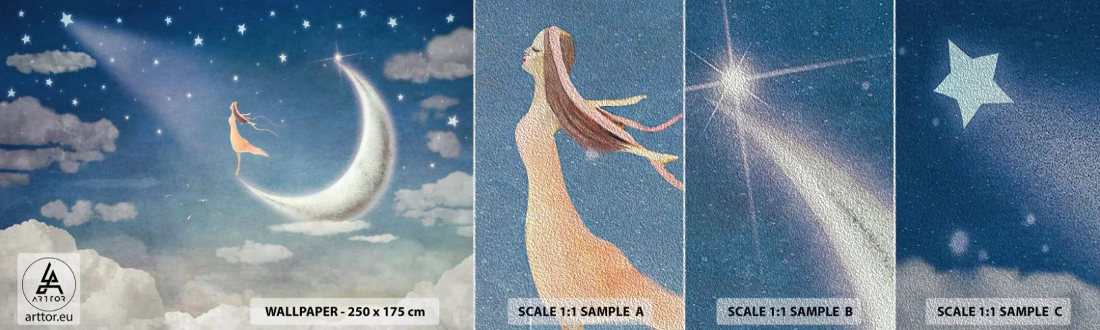 Photo Wallpaper Sample Premium Sand - Blue Suitor - Abstraction, For children, Moon - 100x30 cm