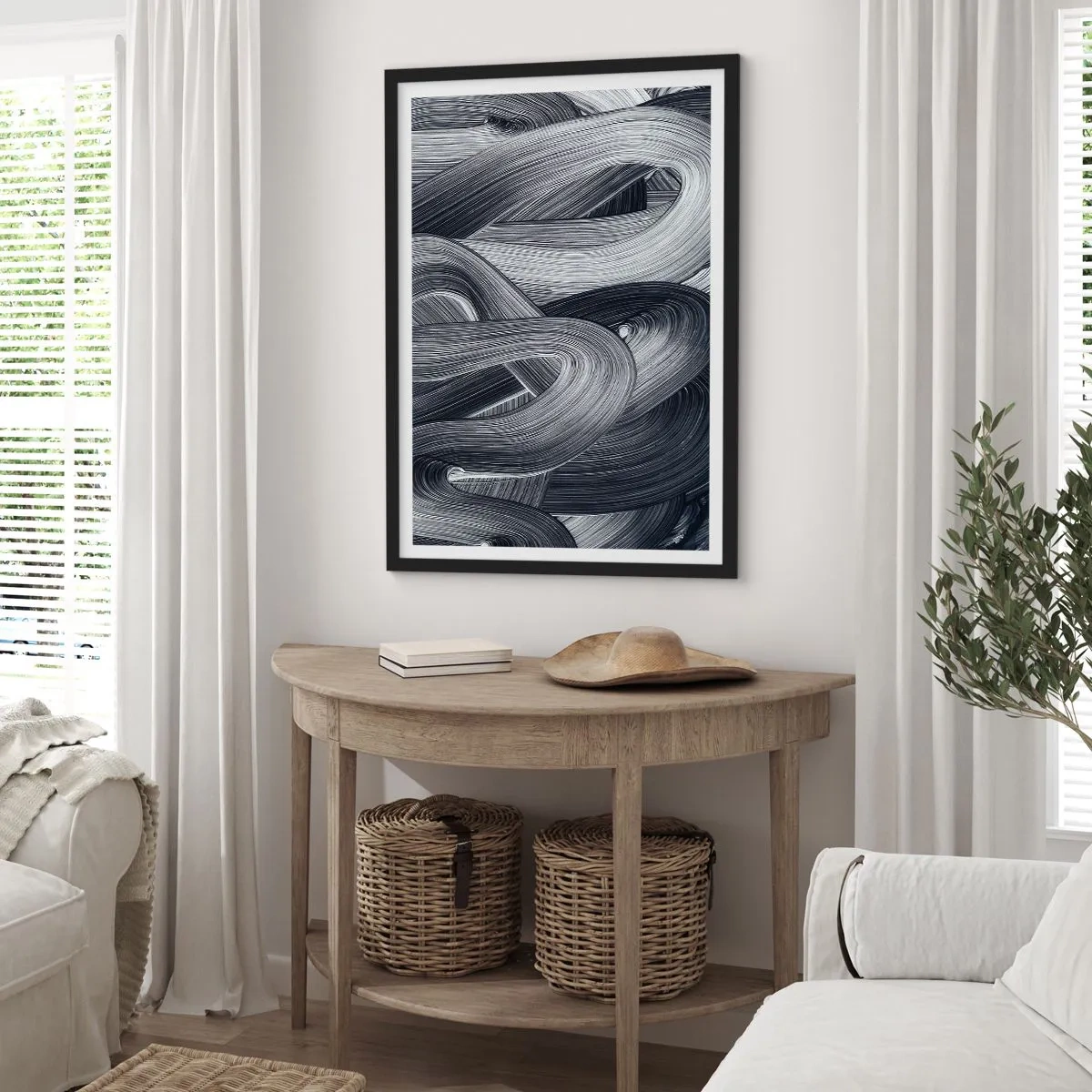 Poster in black frame - Abstract black and white lines in a harmonious weave - 50x70cm - Fluidity of Reality - Modern wall decoration for the living room and bedroom ARTTOR