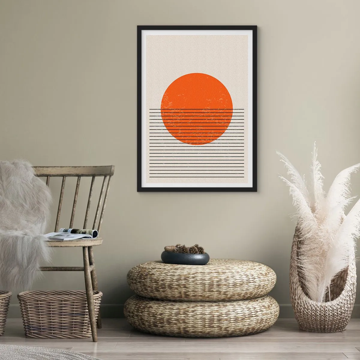 Poster in black frame - minimalist sunset in a geometric form - 50x70cm - Always the Sun - Modern wall decoration for the living room and bedroom ARTTOR