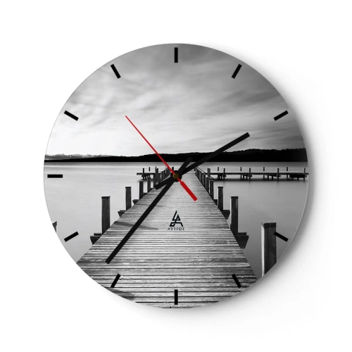 Wall clock - Clock on glass - A wooden pier leading into the depths of a tranquil lake - 30x30cm - Lake of Peace - Modern wall decoration for the living room, kitchen, and bedroom ARTTOR