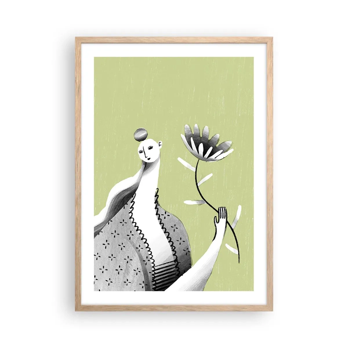 Poster in light oak frame - Modernist Portrait - Holding a FLower - 50x70 cm