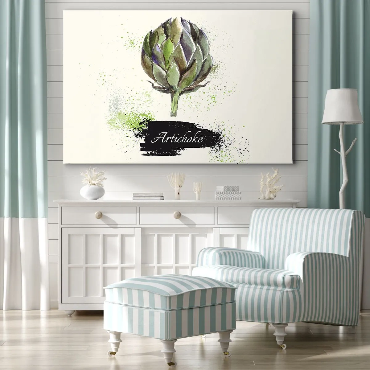 Canvas picture - Watercolor artichoke with text on a light background with green accents - 70x50cm - Eviva Vegetables! - Modern wall decoration for the living room and bedroom ARTTOR