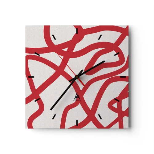Wall clock - Clock on glass - Red on White - 30x30 cm