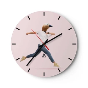 Wall clock - Clock on glass - A figure in motion with a bird's head against a light background - 30x30cm - Pinch of Absurd - Modern wall decoration for the living room, kitchen, and bedroom ARTTOR
