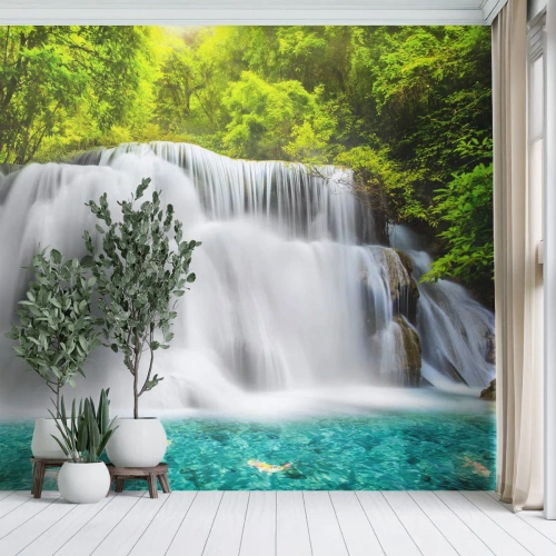 Self-Adhesive Photo Wallpaper Deluxe Sticker - Foamy Cascade from Green to Azure - Landscape, Waterfall, National Park - 250x175 cm