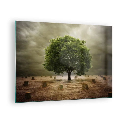 Glass picture - A green tree surrounded by trunks against a gloomy sky - 70x50cm - Entire Hope - Modern wall decoration for the living room and bedroom ARTTOR