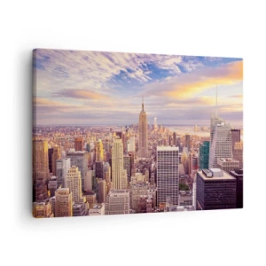 Canvas picture - Panorama of a modern city with skyscrapers at sunset - 70x50cm - Reaching the Clouds - Modern wall decoration for the living room and bedroom ARTTOR