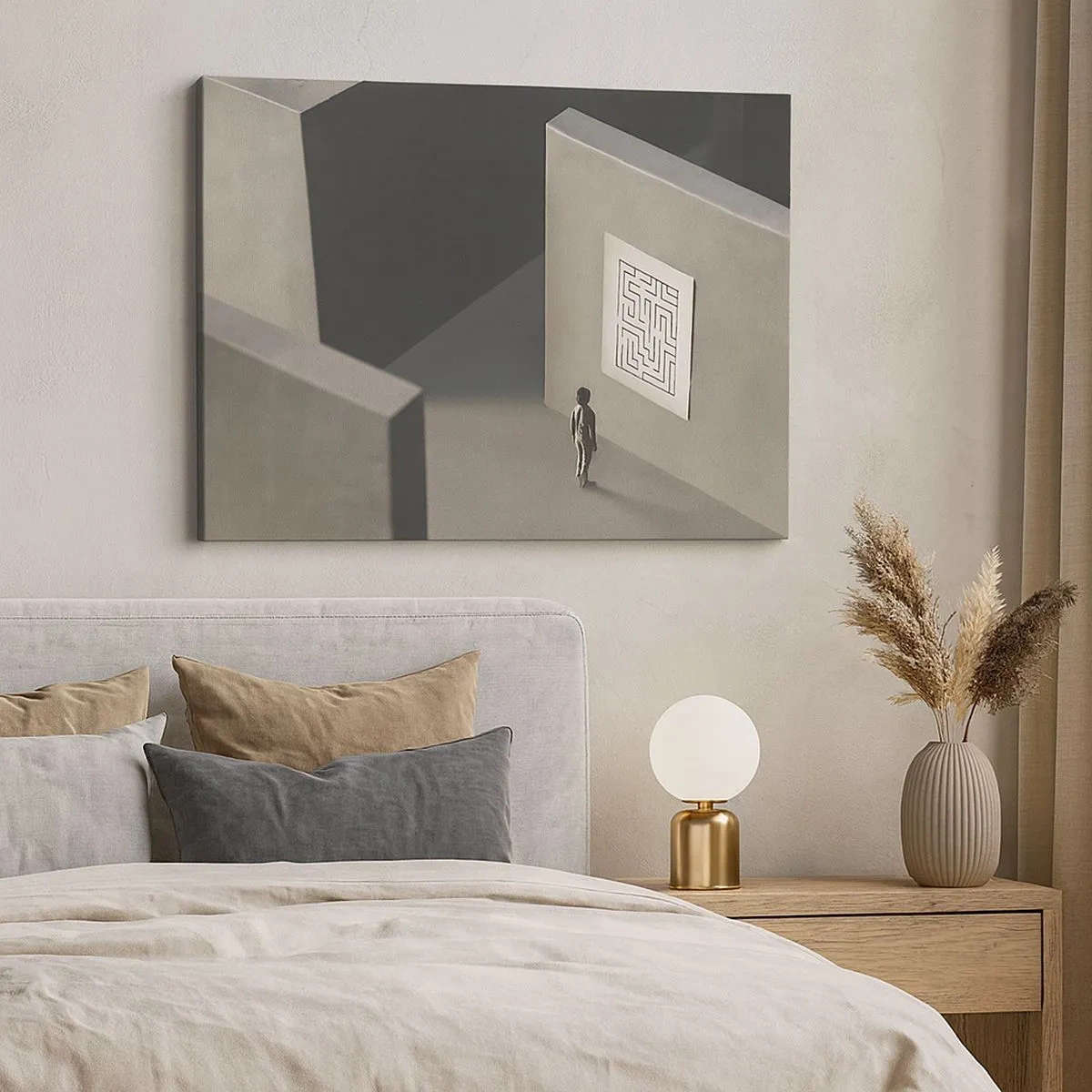 Canvas picture - A figure in a maze looking at a hanging map - 70x50cm - But Where Am I? - Modern wall decoration for the living room and bedroom ARTTOR