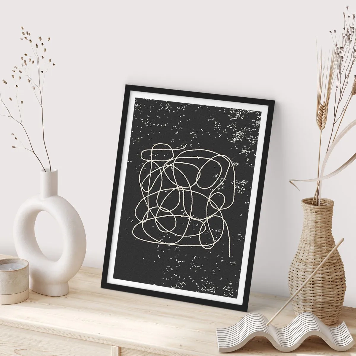Poster in black frame - Chaotic lines on a black background with white dots - 50x70cm - Lost Thoughts - Modern wall decoration for the living room and bedroom ARTTOR