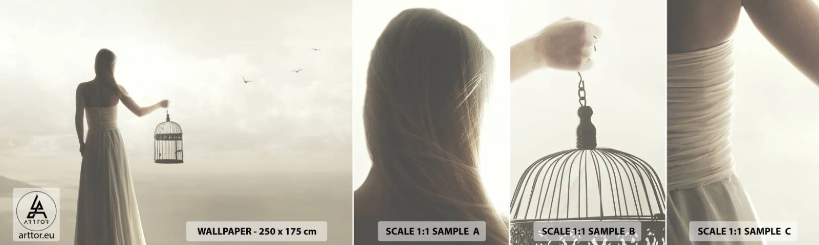 Photo Wallpaper Sample Standard Eco - Be Free - Woman, Bird cage, Bird - 100x30 cm