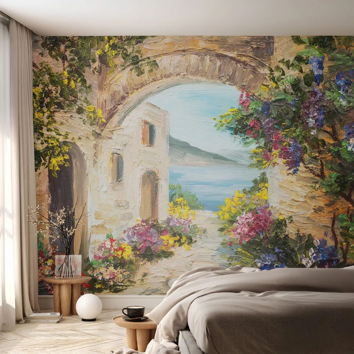 Photo Wallpaper Premium Canvas - Charm of a Sea Province - Architecture, Greece, Flowers - 100x70 cm