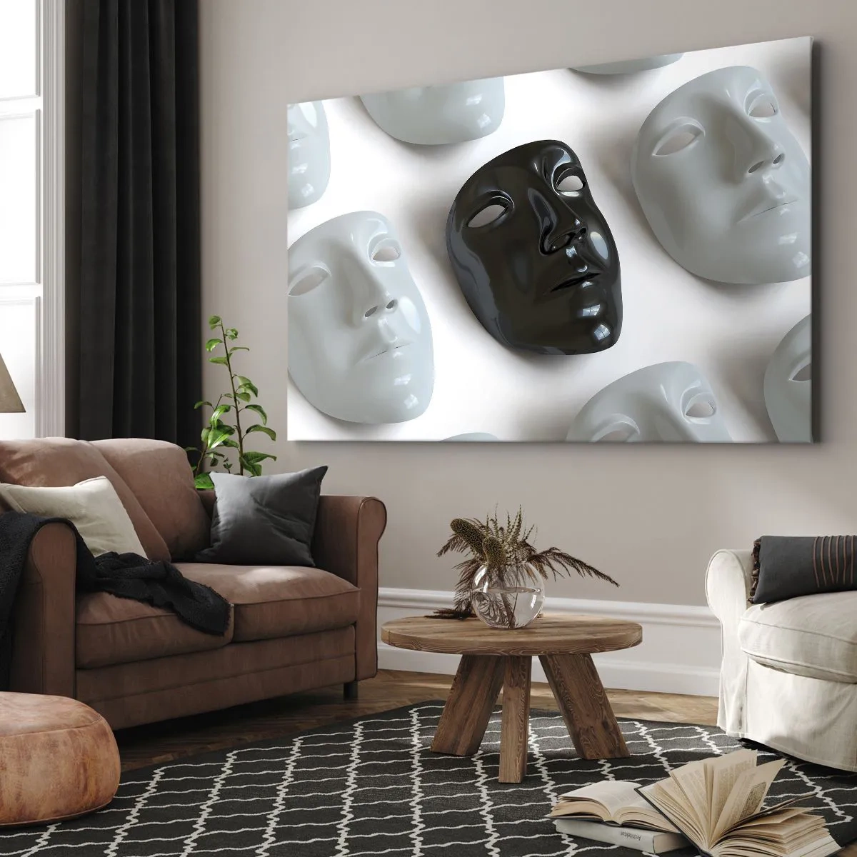 Canvas picture - Black and white masks on a light background - 70x50cm - How to Stand Out? - Modern wall decoration for the living room and bedroom ARTTOR