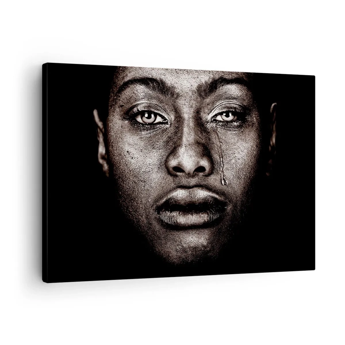 Canvas picture - Portrait of a face with a single tear on a black background - 70x50cm - One Tear - Modern wall decoration for the living room and bedroom ARTTOR