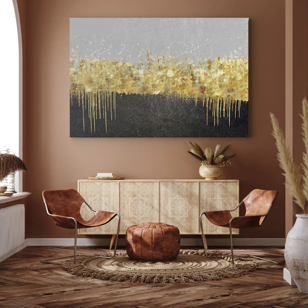 Canvas picture - Abstract composition in shades of gold and black - 70x50cm - In and Up - Modern wall decoration for the living room and bedroom ARTTOR