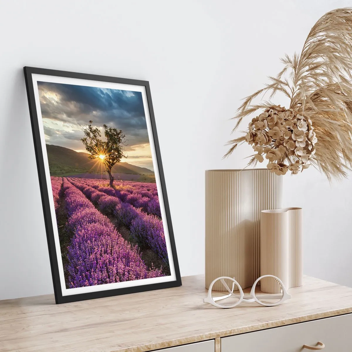 Poster in black frame - A lavender field with a lone tree and a sunset - 50x70cm - Lilac Coloured Aroma - Modern wall decoration for the living room and bedroom ARTTOR