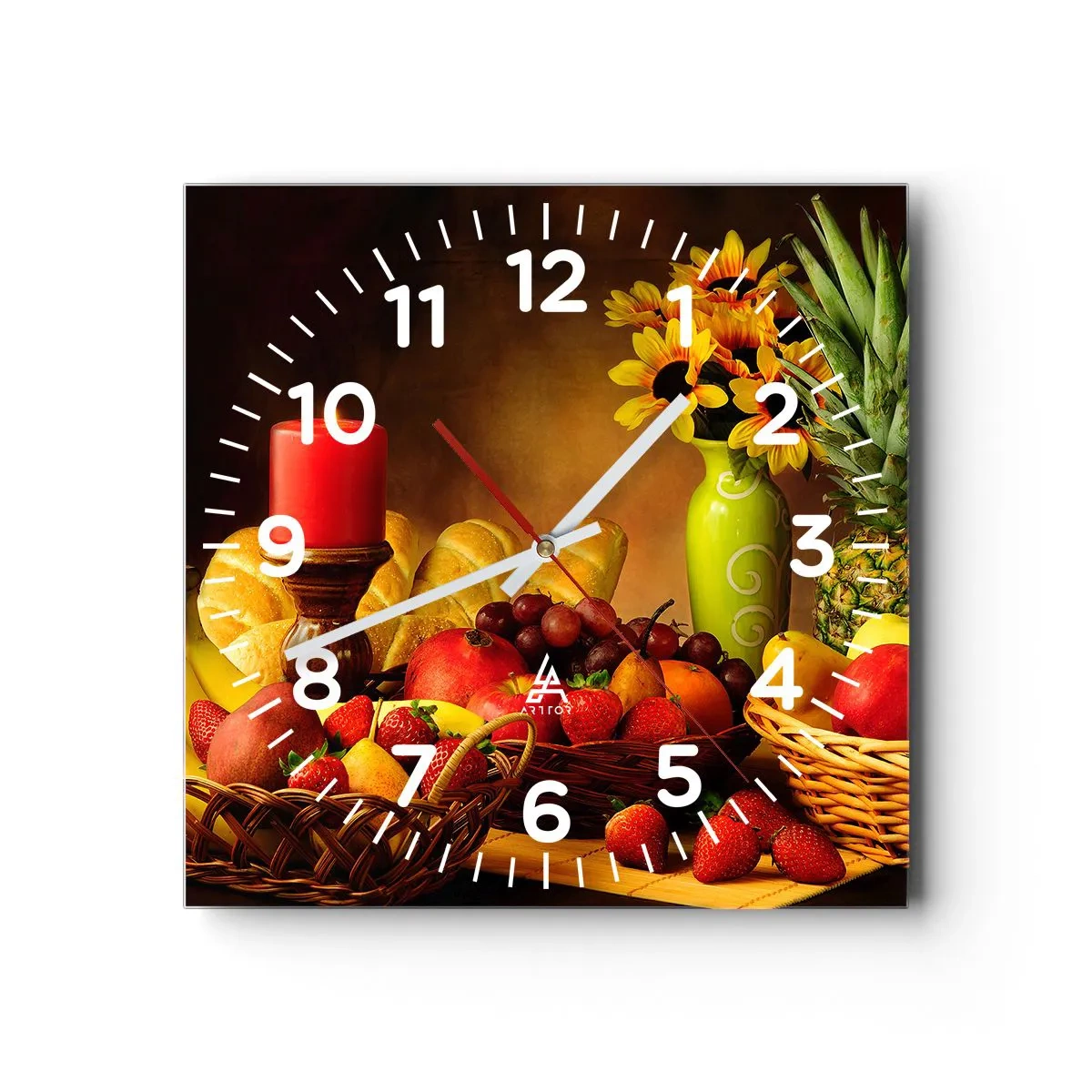 Wall clock - Clock on glass - Still Nature with Bread and Fruit - 30x30 cm