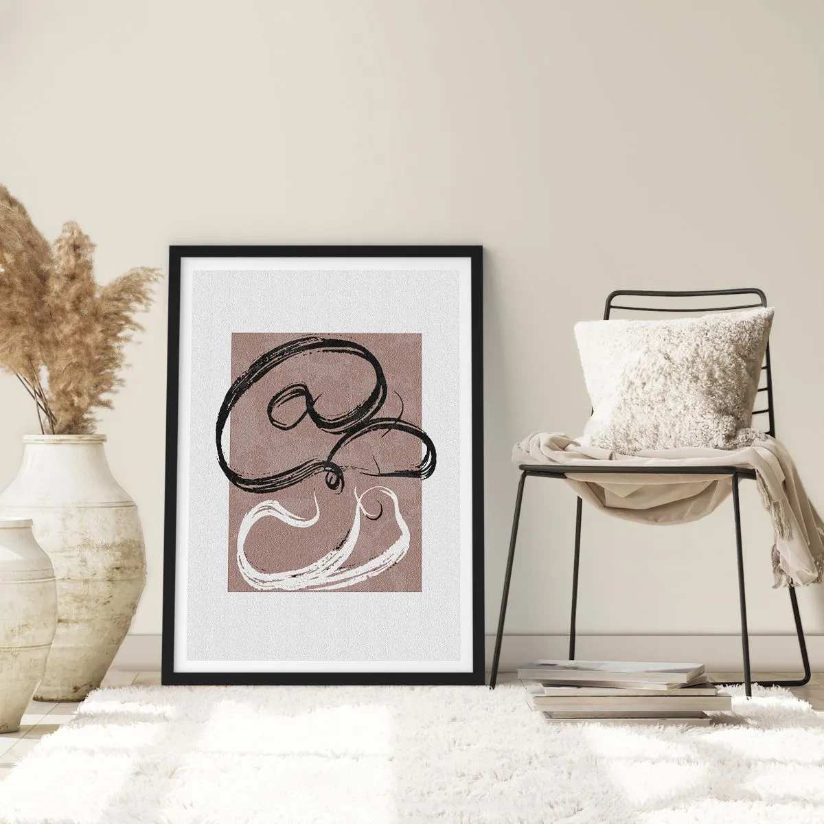 Poster in black frame - Abstract composition with dynamic brushstrokes in black and white on a brown background. - 50x70cm - Composition -In Search of Completeness - Modern wall decoration for the living room and bedroom ARTTOR