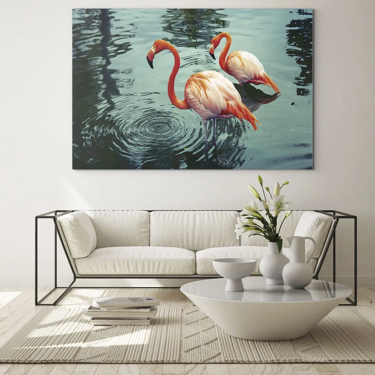 Glass picture - Flamingos on the water in a harmonious composition - 70x50cm - We Are En Vogue Now - Modern wall decoration for the living room and bedroom ARTTOR