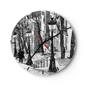 Wall clock - Clock on glass - A black and white drawing of a street with lanterns and a walking figure. - 30x30cm - Love Story or a Thriller? - Modern wall decoration for the living room, kitchen, and bedroom ARTTOR