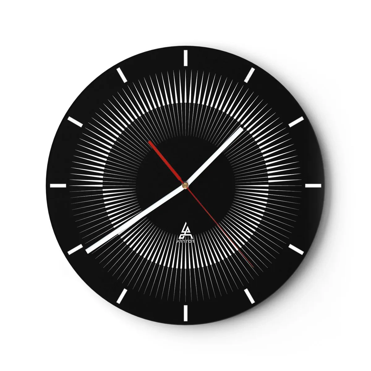 Wall clock - Clock on glass - Black background with a radiant pattern in the form of a sun disc - 30x30cm - Black Sun - Modern wall decoration for the living room, kitchen, and bedroom ARTTOR