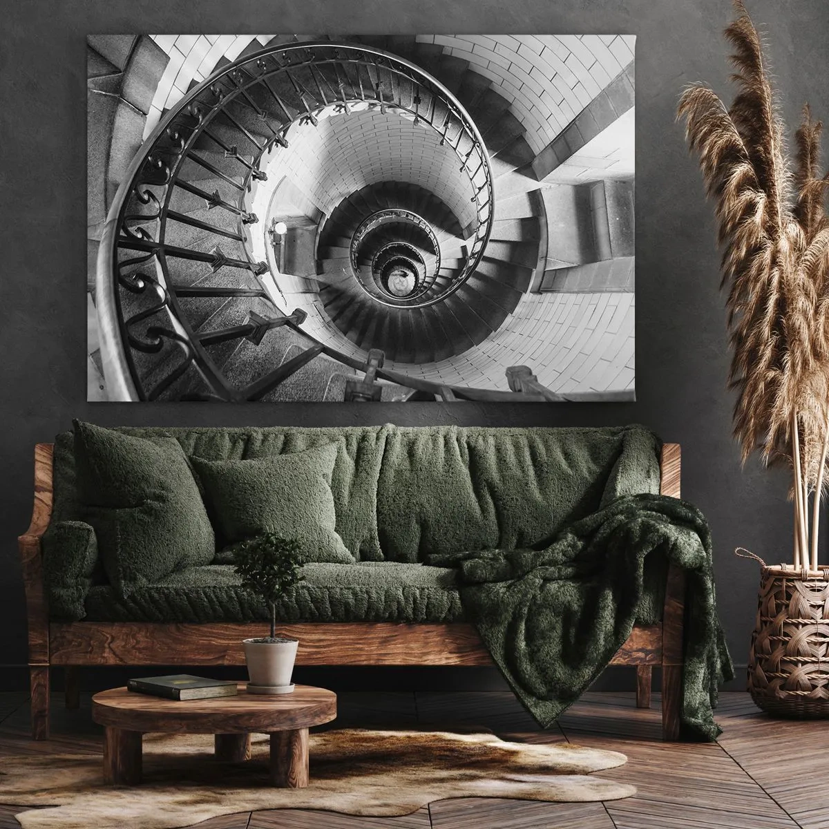 Canvas picture - Black and white photograph of a spiral staircase with a top-down perspective - 70x50cm - Up and Upwards - Modern wall decoration for the living room and bedroom ARTTOR