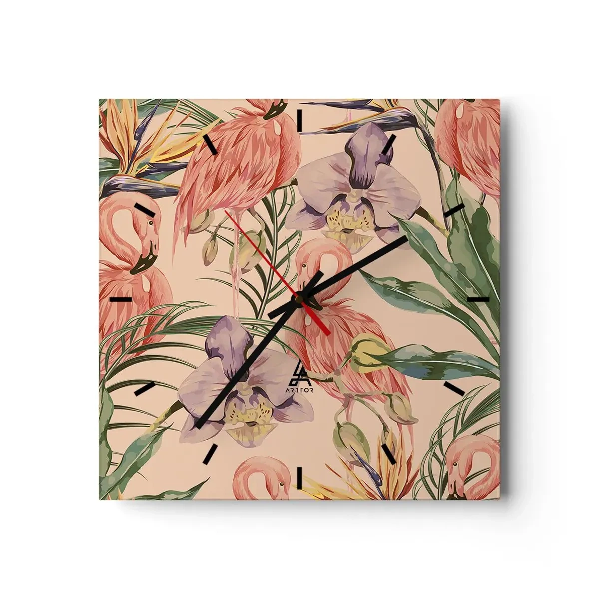 Wall clock - Clock on glass - Pink Ballet among Flowers - 30x30 cm