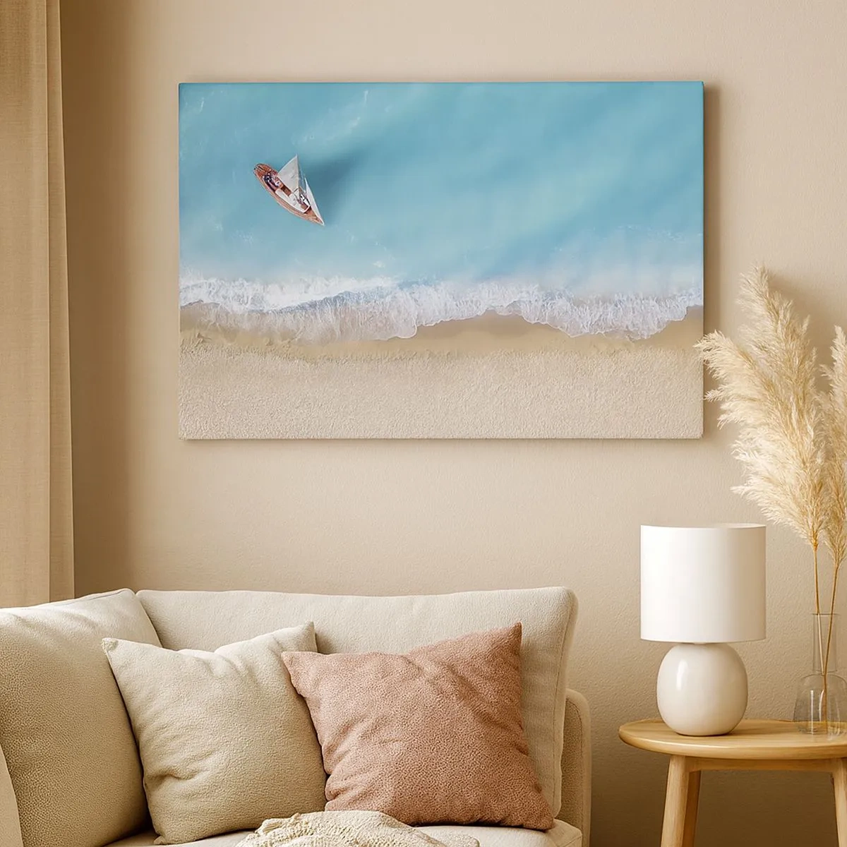 Canvas picture - bird's eye view of a boat on the beach - 70x50cm - On the Border of Blue and Gold - Modern wall decoration for the living room and bedroom ARTTOR