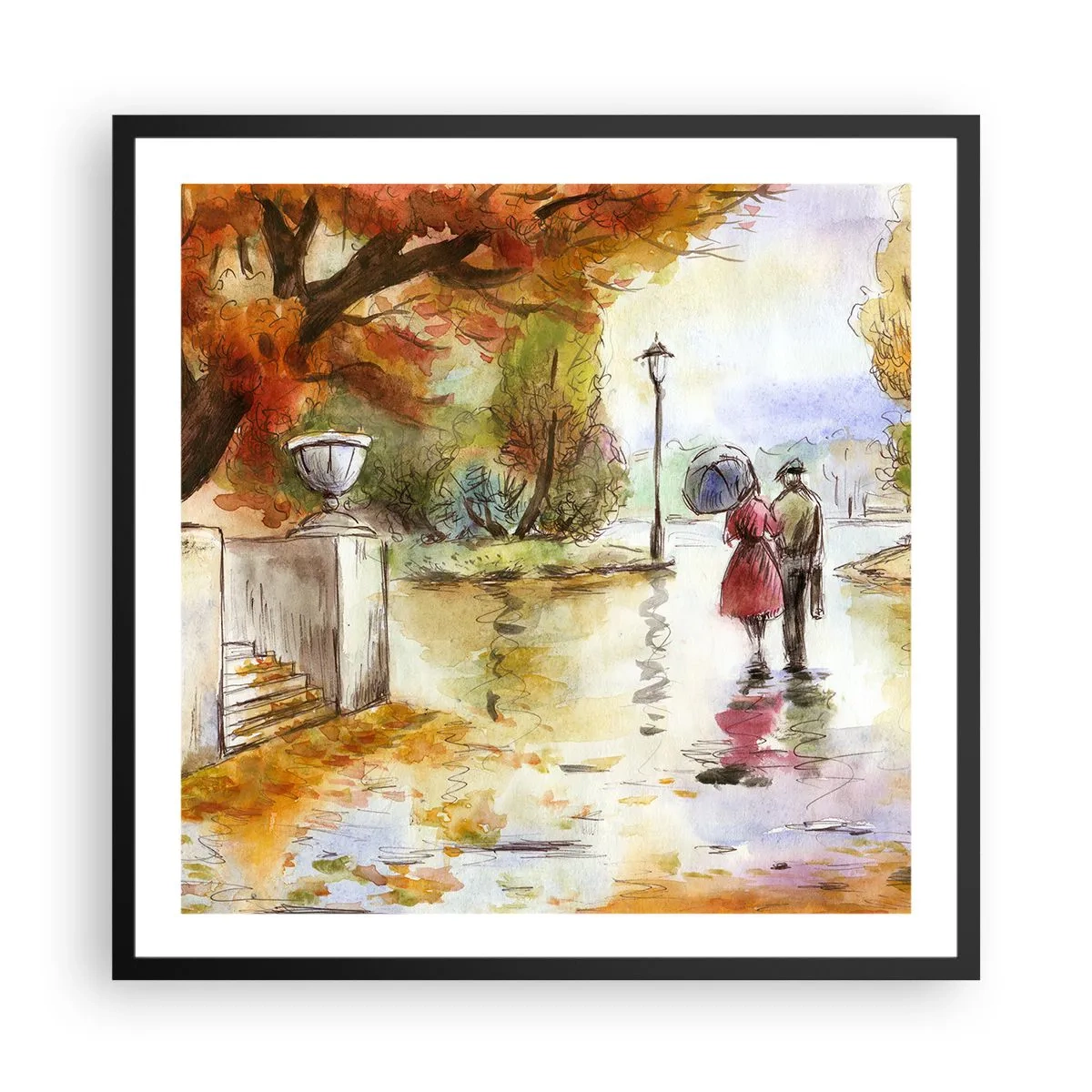 Poster in black frame - Romantic Autumn in a Park - 60x60 cm