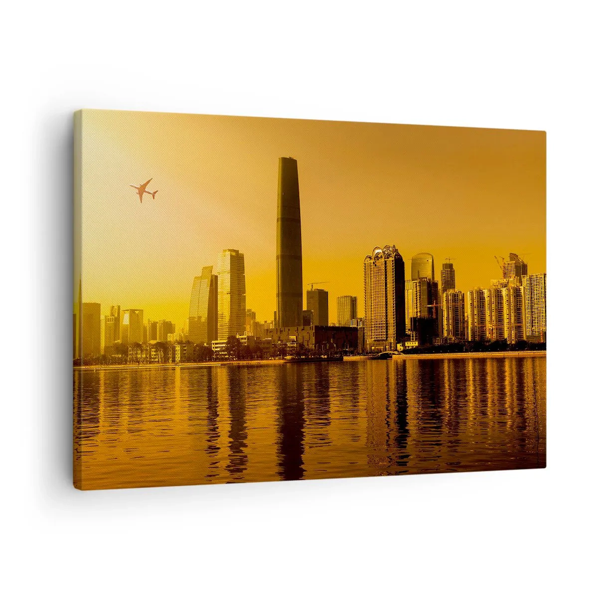 Canvas picture - City panorama at sunset with skyscrapers and an airplane - 70x50cm - Golden City - Modern wall decoration for the living room and bedroom ARTTOR