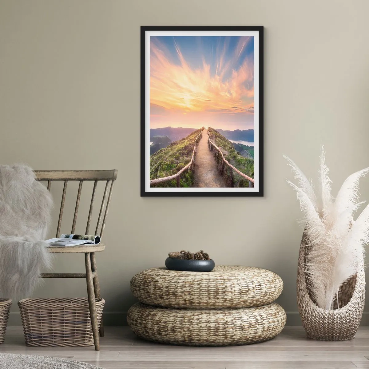 Poster in black frame - Hilltop path with sunset and mountain views - 50x70cm - Close to Heaven - Modern wall decoration for the living room and bedroom ARTTOR